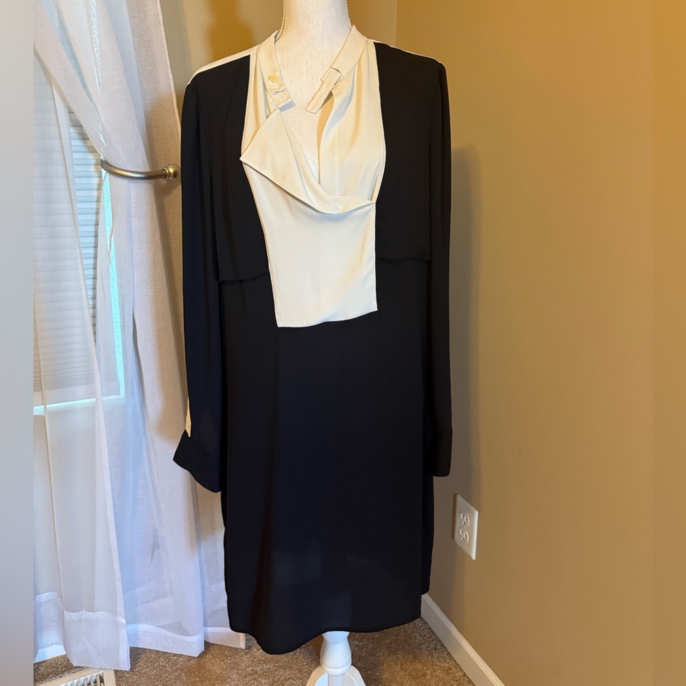 BCBGMaxAzria Black and Cream Long Sleeve Shirt Dress